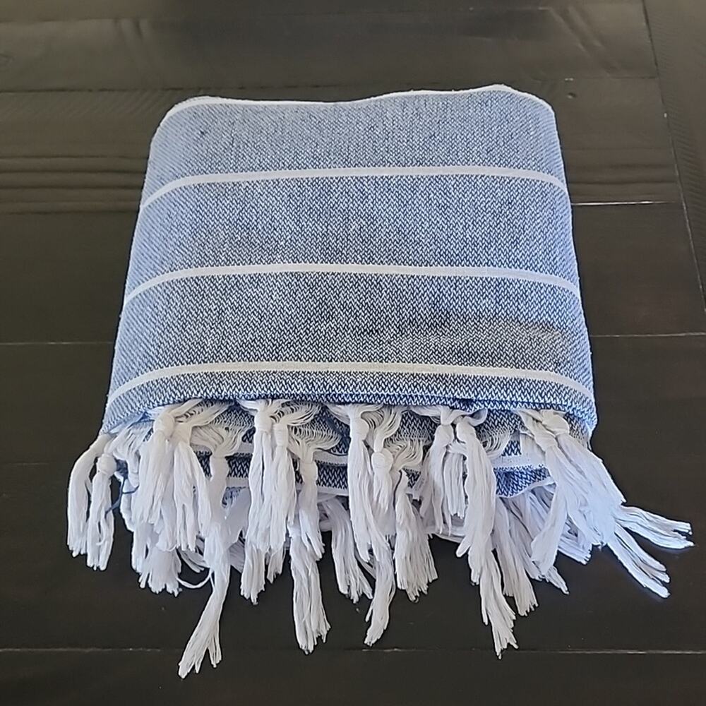 TURKISH Cotton Oversized Throw Beach Blanket Extra Large 61" by 82" Denim Blue